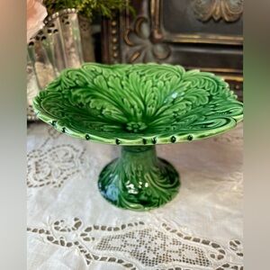 Antique green majolica Icanthus leaf floral pedestal dish